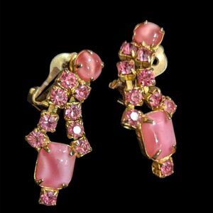 Vintage Goldtone Pink Rhinestone & Glass Clip-On Earrings Retro Elegance Estate